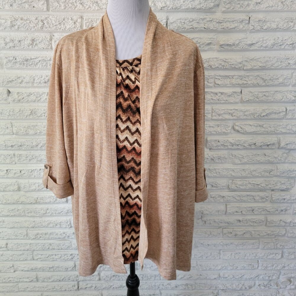 Faded Glory Women's 2X Top Plus Size Brown Zig Zag Geometric 3/4 Sleeve‎ GEO54E